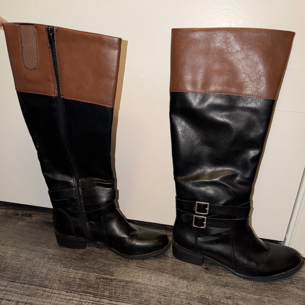 Women's Black and Brown Knee-High Boots
